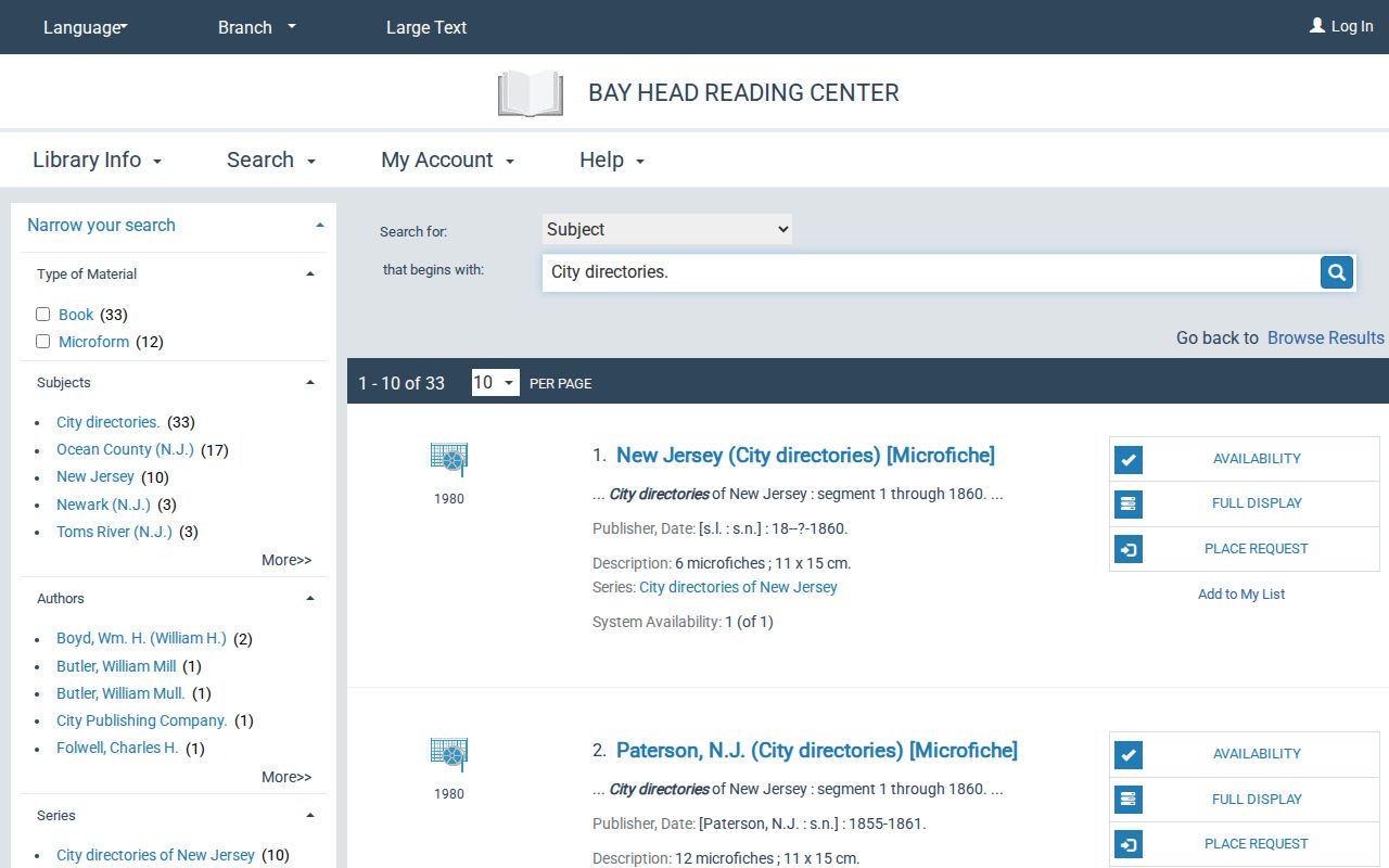 Toms River city directory Ocean County Library catalog results