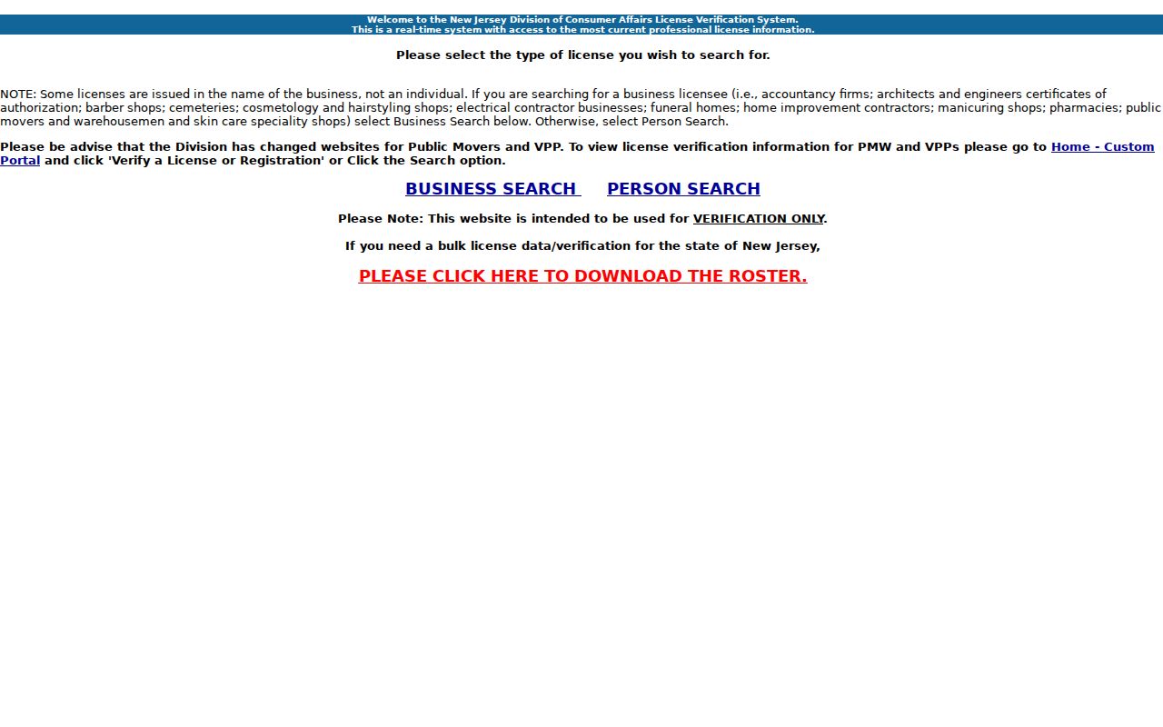 Toms River residents directory view of New Jersey professional license verification