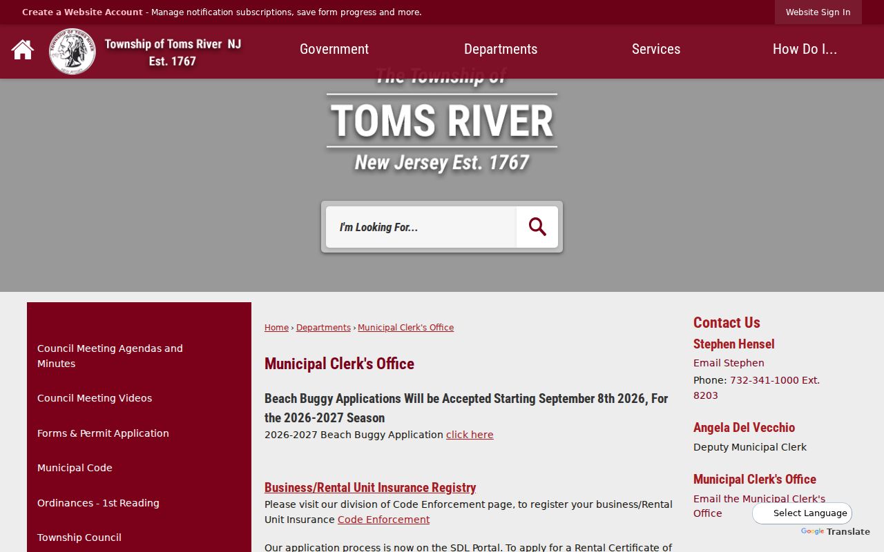 Toms River residents directory view of Municipal Clerk public records information