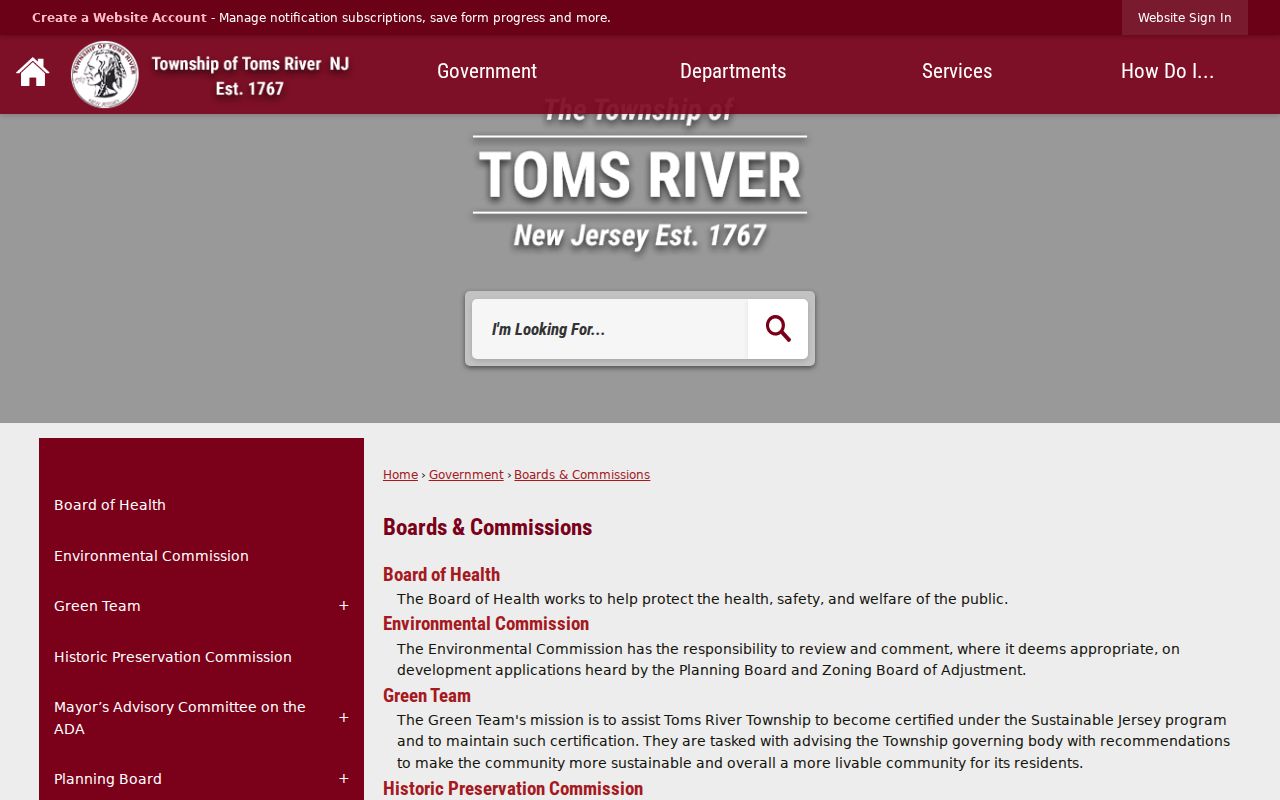 Toms River neighbors civic context on the township Boards and Commissions page