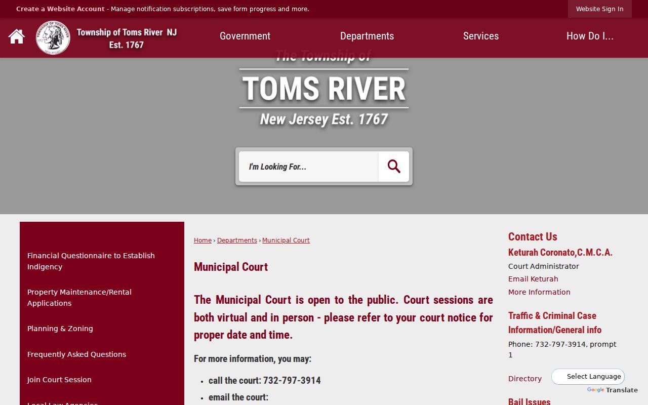 Toms River resident lookup through the Municipal Court case access page
