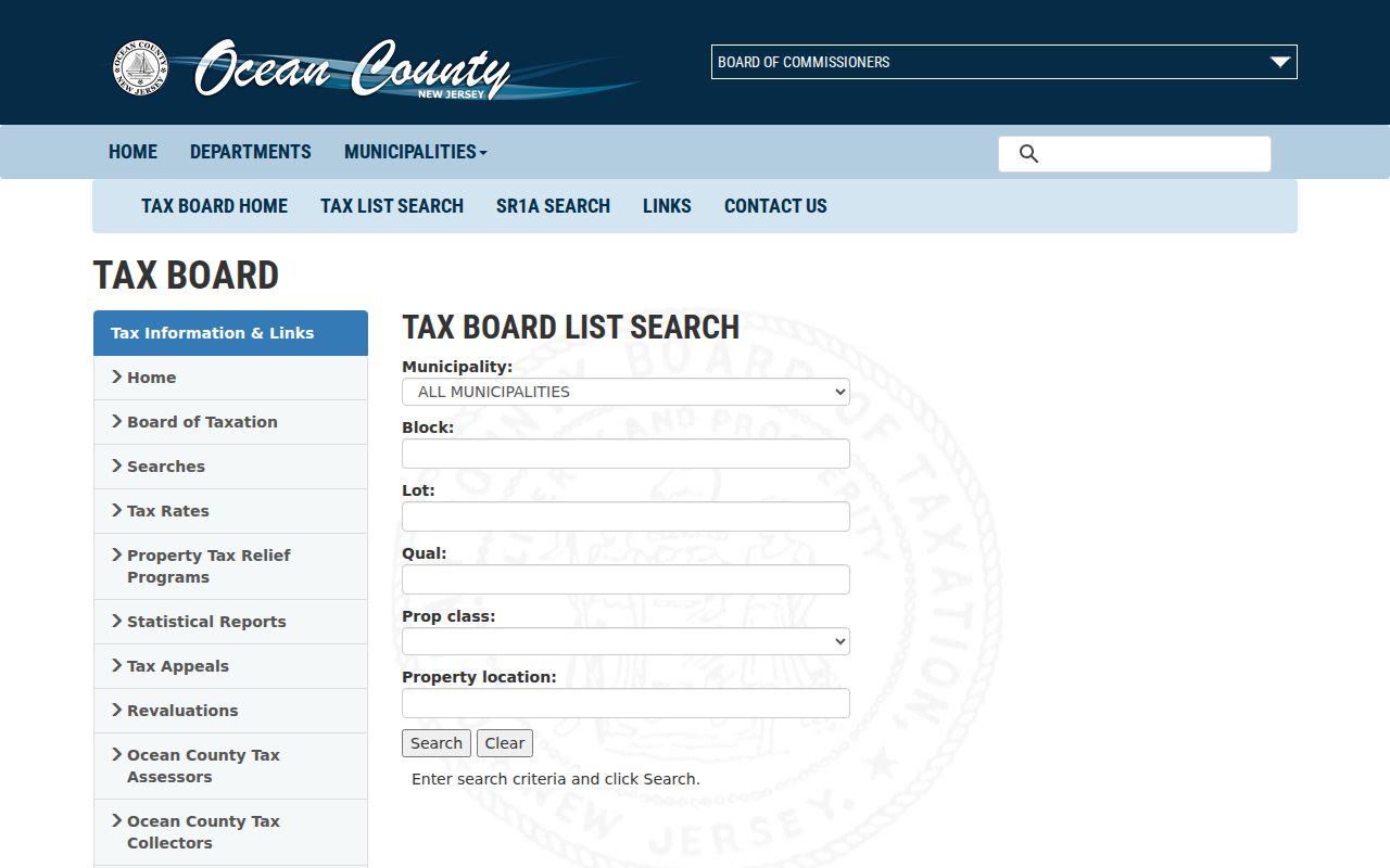 Toms River street directory Ocean County tax-list search with parcel and property-location fields