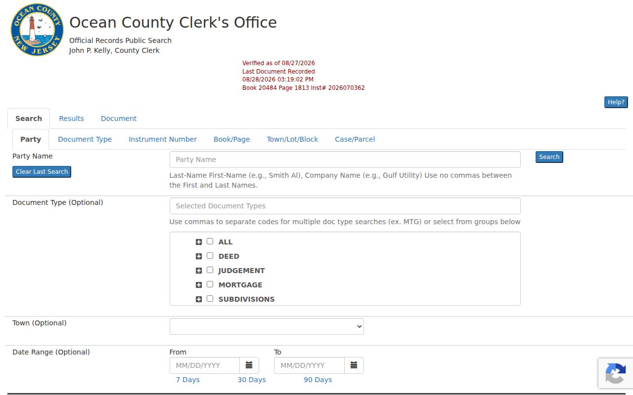 Toms River street directory Ocean County SearchNG deed index with party and parcel filters