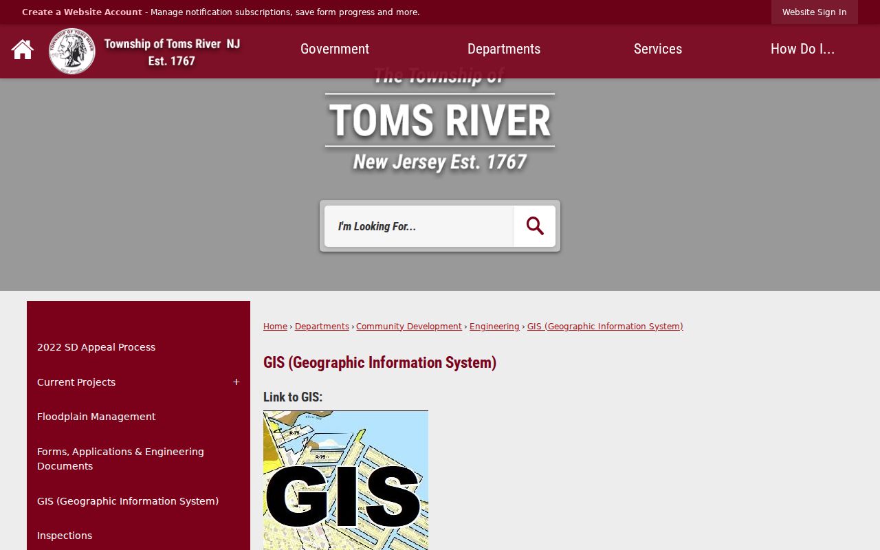 Toms River street directory GIS page with address and block-and-lot search options